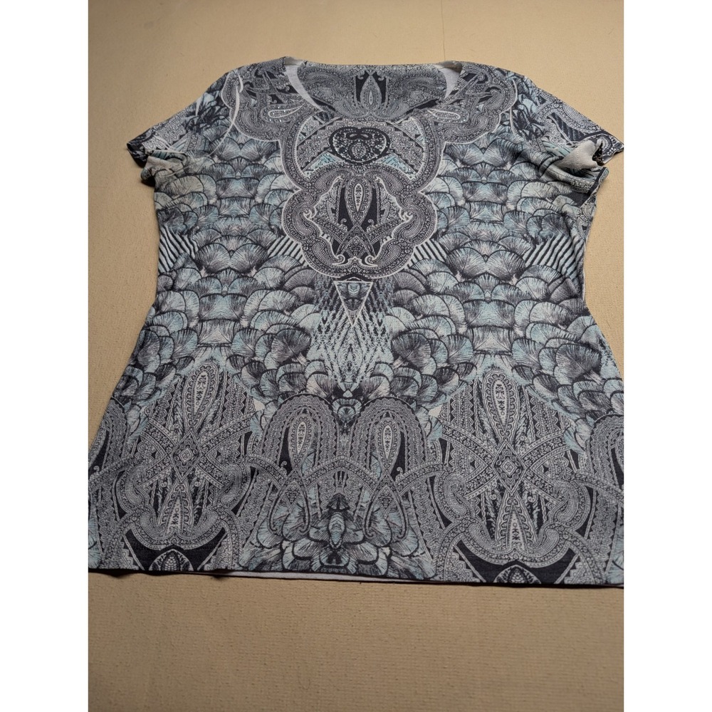 Women's T Shirt Size L Boho Print Poly Blend Short Sleeve Turquoise Accent Rhine